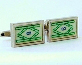 Mahjong '8 Bamboo' Cufflinks from a vintage 1920/30's bone & bamboo mahjong set tile