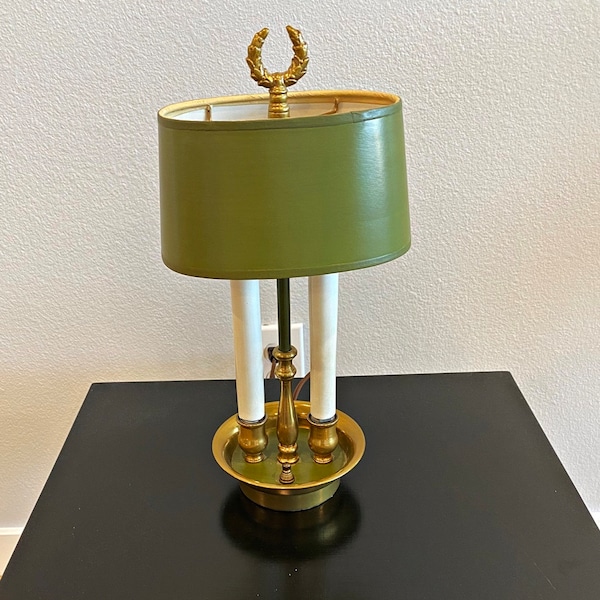 Mini Bouillotte Table Desk Lamp 2 Candle Brass Olive Green Shade 3-Way Switch