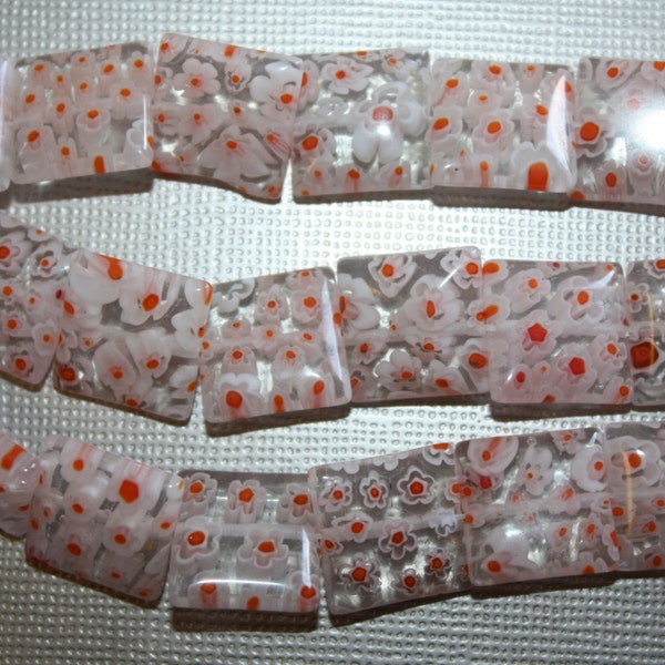 Orange and White Millifiori Square Beads