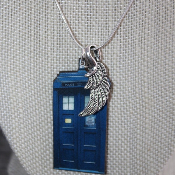 Time Lord Tardis Dr. Who Pendant Necklace-with Angel Wings