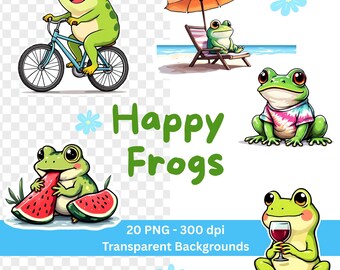 Kawaii Frog Stickers, Cute Happy Frog Stickers PNG, Frog Printable Digital Download, Frog Clip Art, Fun Character Stickers, Print Then Cut