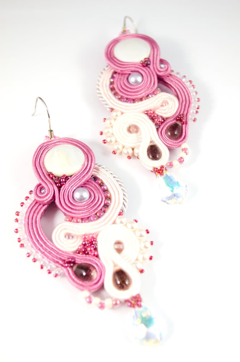 long soutache earrings long dangle earrings Rosa dangle soutache big soutache earrings long statement earrings coral ivory earrings