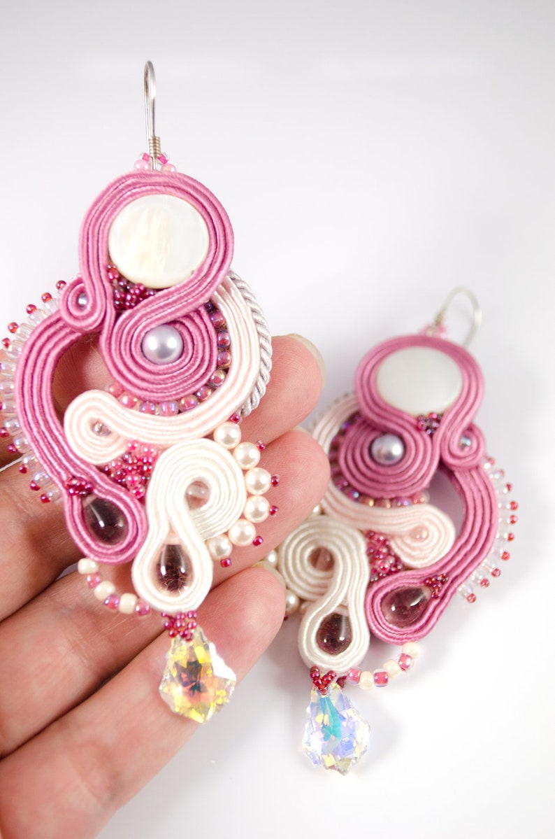 long soutache earrings long dangle earrings Rosa dangle soutache big soutache earrings long statement earrings coral ivory earrings