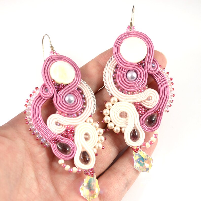long soutache earrings long dangle earrings Rosa dangle soutache big soutache earrings long statement earrings coral ivory earrings