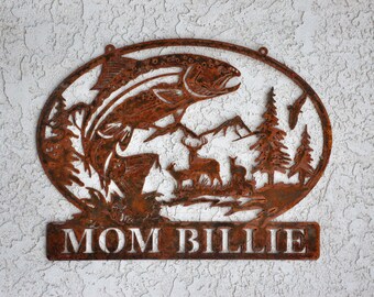 Custom Ranch sign -Trout Deer Mountain Sign - Metal Trout Sign - Metal Deer sign - Personalized Mountain Sign - Custom Property Sign-