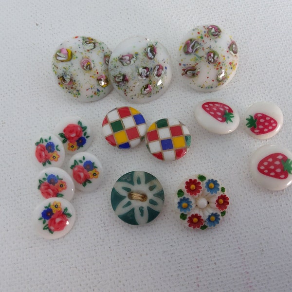 buttons, white with color (15) mixed lot