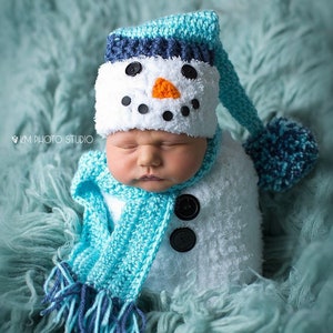 Newborn Snowman Cocoon, Matching Hat and Scarf, Crochet Snowman Cocoon, Snowman Photo Prop, Christmas Card Photo Prop, Baby Shower Gift image 1