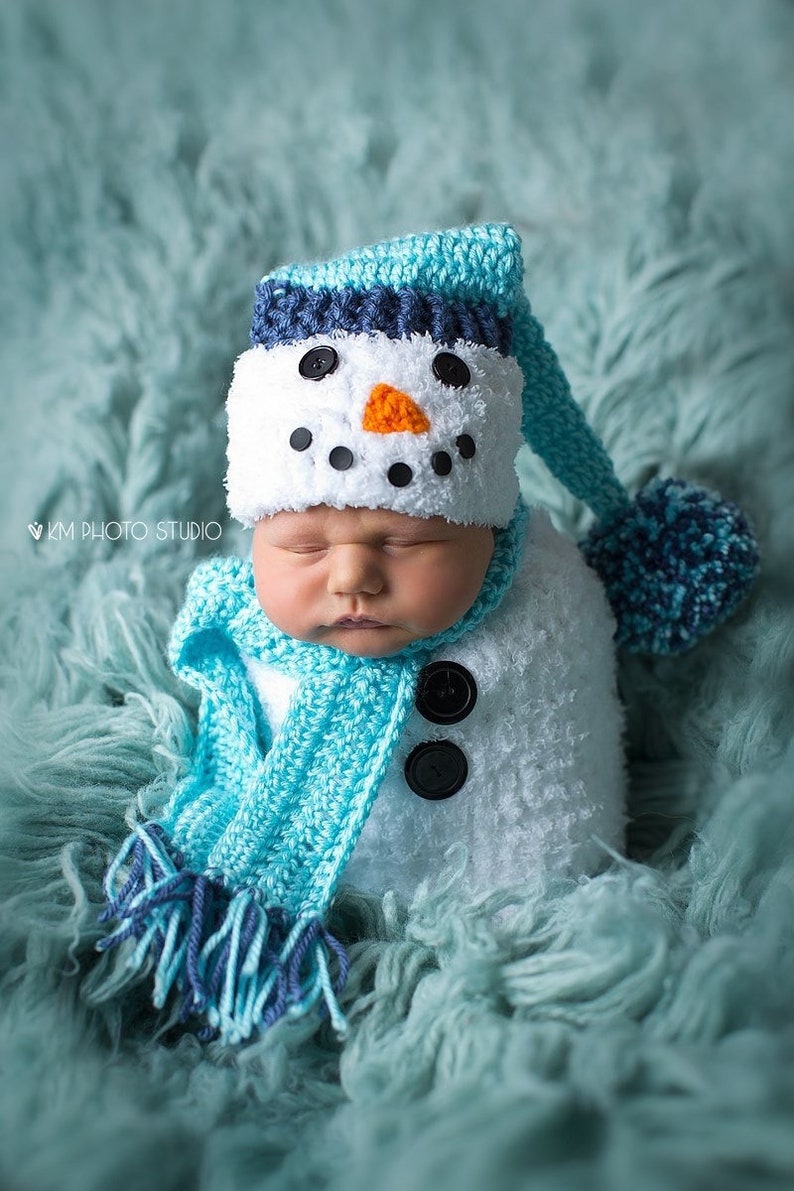 Newborn Snowman Cocoon, Matching Hat and Scarf, Crochet Snowman Cocoon, Snowman Photo Prop, Christmas Card Photo Prop, Baby Shower Gift image 1