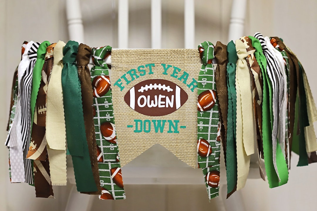 Football High Chair Banner - 80" First Birthday Party Decoration, Sports Theme Cake Smash Banner (Brown)