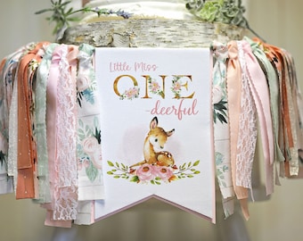 Little Miss One Deerful High Chair Banner, Little Miss One-Deerful Floral 1st Birthday, Deer Girl Floral Boho Photo Prop and Cake Smash