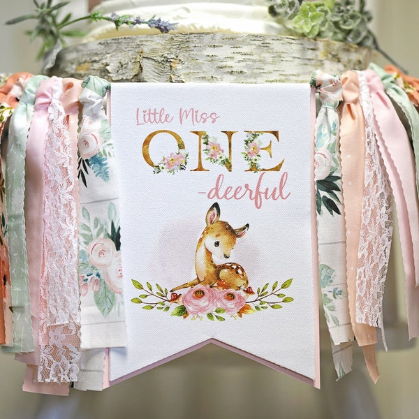 Little Miss One Deerful High Chair Banner, Little Miss One-Deerful Floral 1st Birthday, Deer Girl Floral Boho Photo Prop and Cake Smash