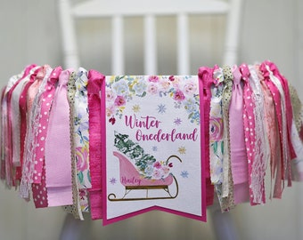 Winter Onederland Floral Sleigh High Chair Banner, Girl Winter First Birthday Banner, Winter Sleigh High Chair Banner, Winter Cake Smash