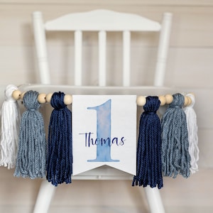 Blue Yarn Tassel High Chair Banner: First Birthday Decor