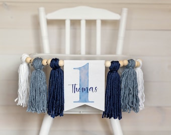 Boy High Chair Banner, Yarn Tassle Banner, Blue Yarn Tassle First Birthday Banner, Boy's Yarn Tassle Cake Smash Banner