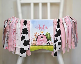 Pink Watercolor Farm High Chair Banner, Girl 1st Birthday Birthday Banner, Barn Animal Photo Prop, Barn Animal Banner