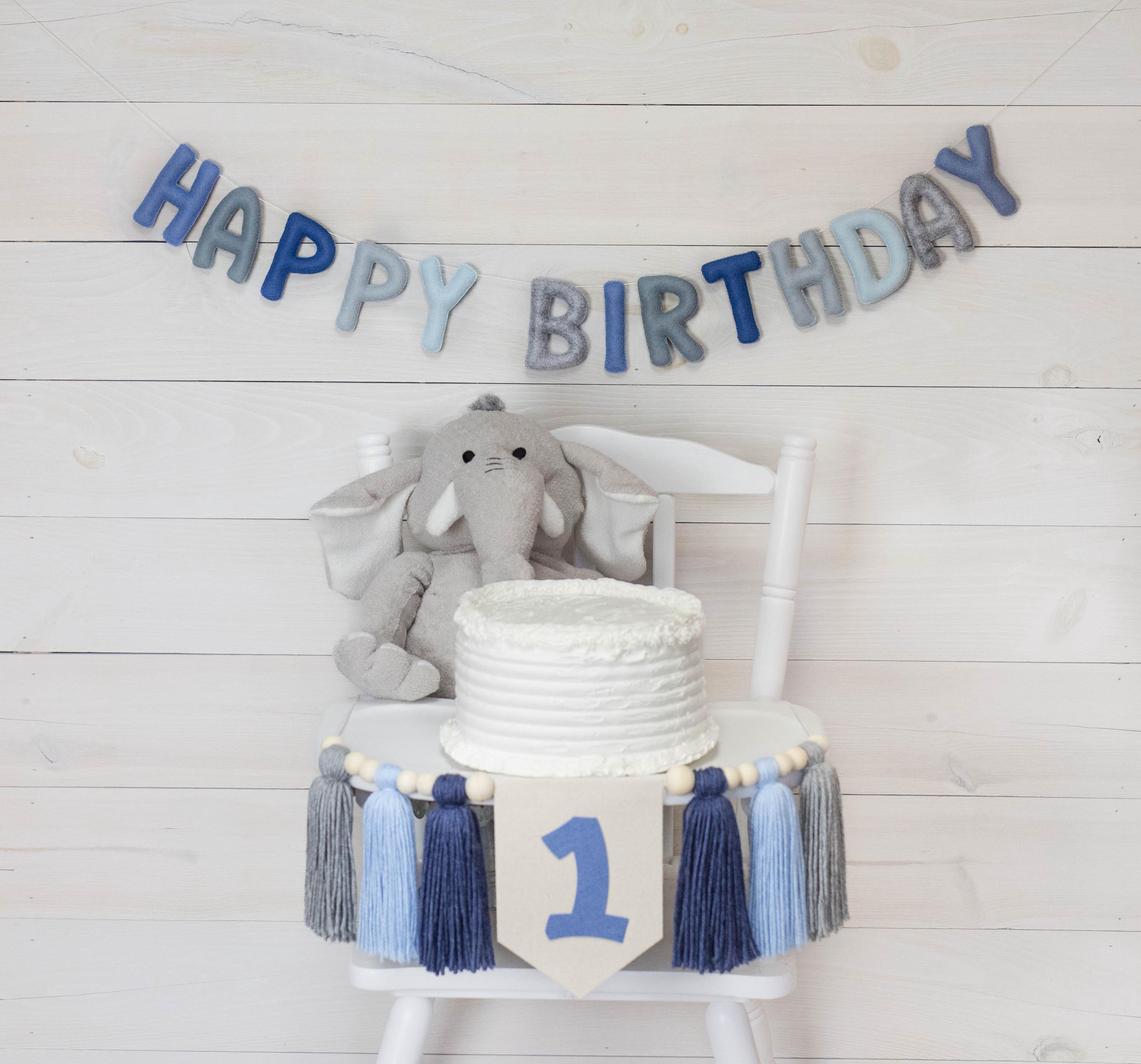Blue Happy Birthday Garland Set, Blue and Grey Happy Birthday Banner, Kids Birthday Decor, Blue High Chair Banner, Rainbow Cake Smash