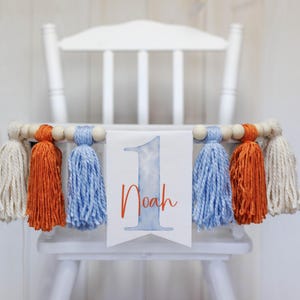 First Birthday High Chair Banner: Blue, Orange Yarn Tassels