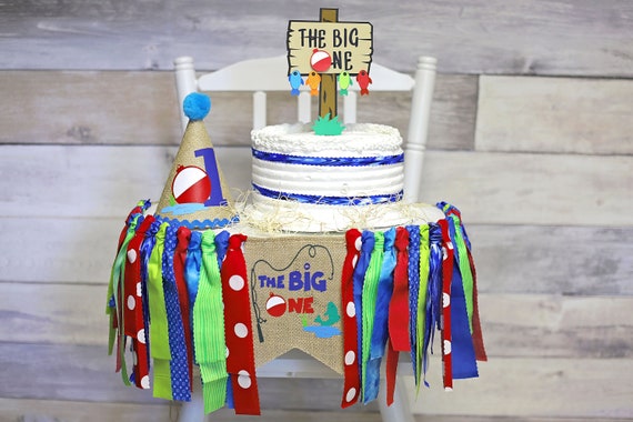 The Big One High Chair Banner, Big One Cake Topper, the Big One Party Hat,  1st Birthday Fishing Banner, Fishing 1st Birthday Party Decor 