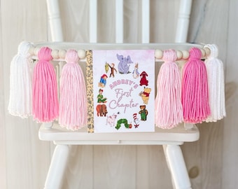 Personalized Pink First Chapter High Chair Banner, Girl Book 1st Birthday Decor