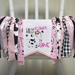 Holy Cow I&#39;m One High Chair Banner, Pink Cow 1st Birthday, Girl Cow High Chair Banner, Holy Cow I&#39;m One 1st Birthday, Cow Birthday Set Hat