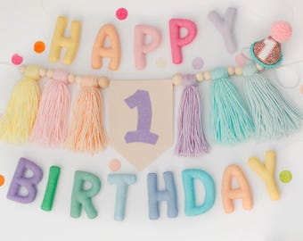 Pastel Rainbow Happy Birthday Banner, Pastel Kids Party Decor, Pastel Rainbow Decor, Reusable Birthday Garland, Pastel High Chair Banner