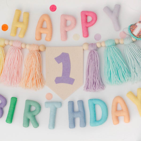 Pastel Rainbow Happy Birthday Banner, Pastel Kids Party Decor, Pastel Rainbow Decor, Reusable Birthday Garland, Pastel High Chair Banner