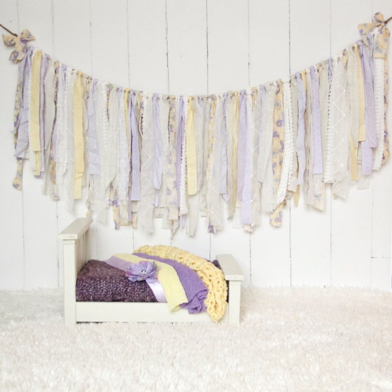 Rag Tie Banner Burlap Lace Lavender Yellow Rag Tie Garland Fabric Garland Photo Prop Wedding Bridal Shower Nursery