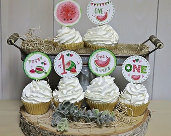 One in a Melon Cupcake Toppers, Watermelon Cupcake Toppers, One in a Melon Birthday Party Decorations, One in a Melon 1st Birthday Party