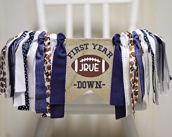 First Year Down Highchair Banner Blue,   Blue First Year Down Birthday Banner, Personalized First Year Down Banner, Football Cake Smash