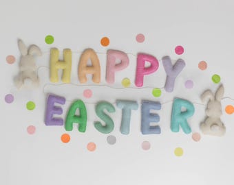 Happy Easter Felt Garland, Happy Easter Banner, Happy Easter with Bunnies, Pastel Happy Easter Garland