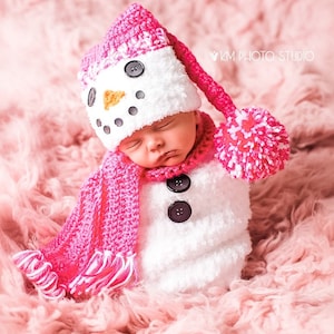 Newborn Girl Snowman Outfit, Pink Snuggly Snowman Cocoon, Crochet Snowman Cocoon, Snowman Photo Prop, Christmas Card Photo Prop, Baby Shower