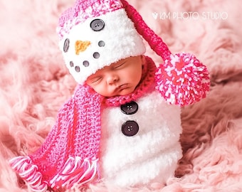 Newborn Girl Crochet Snowman Outfit: Pink Baby Photo Prop