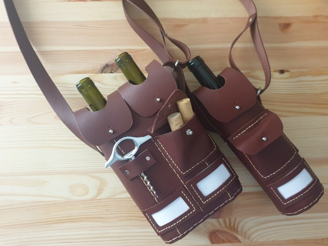 Wine carrier leather bagDark brown Etsy