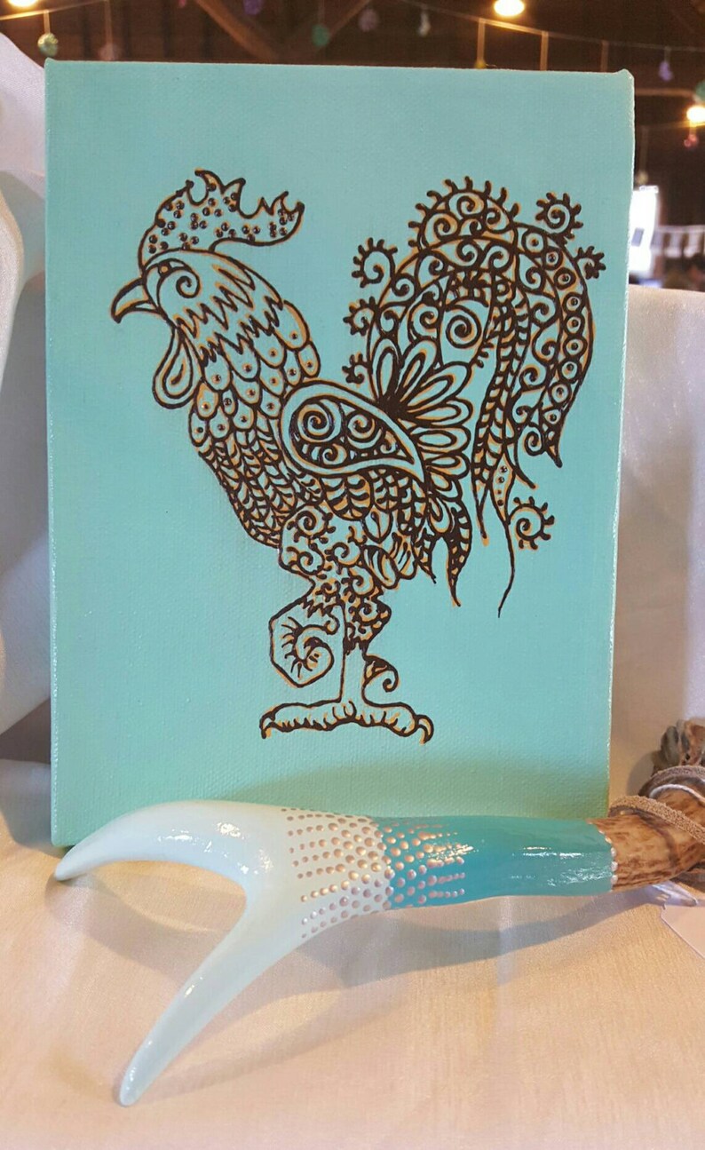 Henna estilo mano pintado lienzo con diseño de gallo | Etsy