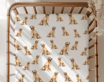 Standard-Spannbettlaken für Golden Retriever. Hundeschule. Geschenk zur Babyparty für Hundeliebhaber. Welpen-Kinderzimmer-Dekor. Geschenk zur Geburt eines neuen Babys. Mini-Spickzettel