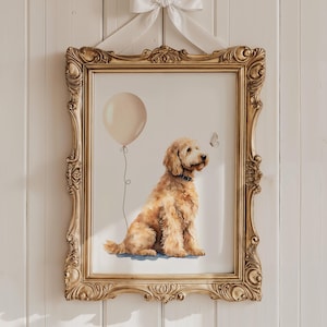 GoldenDoodle with Beige Balloon and Butterfly. Nursery Wall Art. Nursery Decor. Dog Nursery. Dog Lover. Gender Neutral