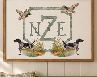 Custom Hunting Nursery Monogram Art, GSP and Mallard Duck Watercolor, Personalized Sporting Baby Boy Wall Art, Digital Download