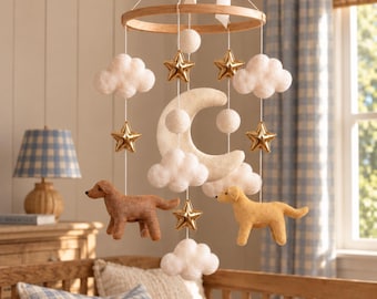 Dreamy Dog Baby Mobile: Felt Clouds, Moon & Handmade Pups