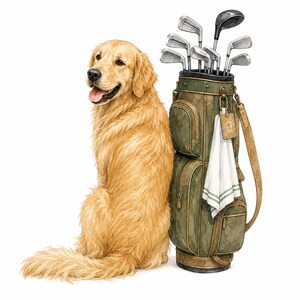 K&ouml;nnte beinhalten: Ein Golden Retriever mit langem, hellbraunem Fell sitzt neben einer olivgr&uuml;nen Golftasche. Die Tasche enth&auml;lt mehrere Golfschl&auml;ger aus Metall und einen schwarzen Driver. Ein wei&szlig;es Handtuch mit gr&uuml;nen Streifen h&auml;ngt an einem Anh&auml;nger.
