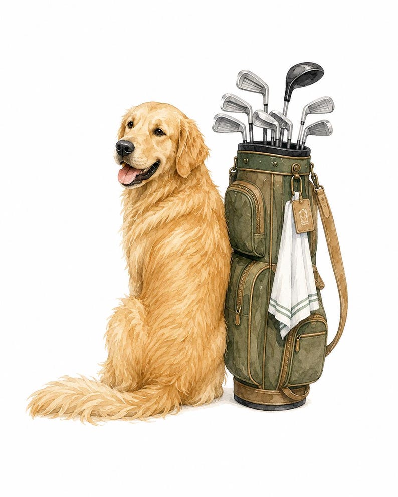 K&ouml;nnte beinhalten: Ein Golden Retriever mit langem, hellbraunem Fell sitzt neben einer olivgr&uuml;nen Golftasche. Die Tasche enth&auml;lt mehrere Golfschl&auml;ger aus Metall und einen schwarzen Driver. Ein wei&szlig;es Handtuch mit gr&uuml;nen Streifen h&auml;ngt an einem Anh&auml;nger.