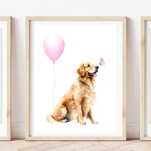 Baby Girl Golden Retriever Dog Nursery Wall Art - Golden Retriever Nursery, Nursery Decor, Puppy Nursery, Dog Lover, Pink Balloon, Butterfly