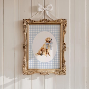 Baby Boy Golden Retriever Dog Nursery Wall Art - Retriever Nursery, Nursery Decor, Puppy Nursery, Dog Lover, Blue Bow, Coquette, Preppy