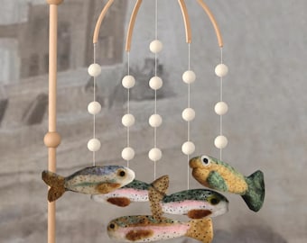 Needle Felted Trout Baby Mobile: Fishing . Lake Nursery . Lake House . Salmon . Bass . Country Boy