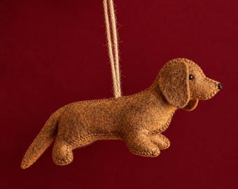 Handmade Felt Dachshund Christmas Ornament, Wooly Wiener Dog Tree Decoration, Sausage Dog Gift, Dog Lover Christmas Gift