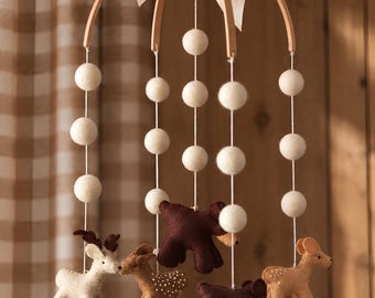 Woodland Baby Mobile: Handmade Felt Bear & Deer Crib Nursery Decor