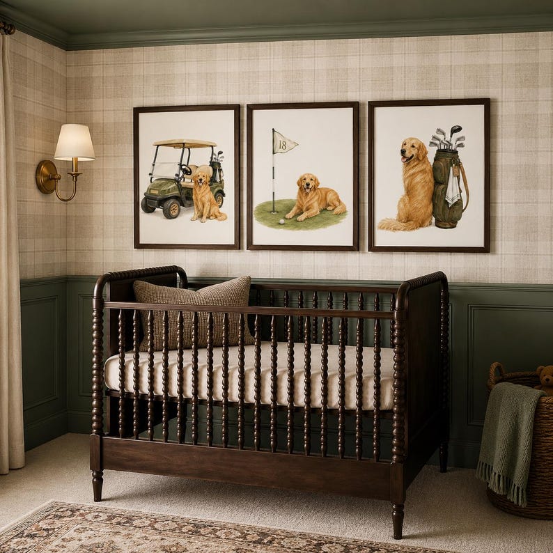 May include: A dark brown wooden crib with spindle-style railings and a beige mattress, positioned below three framed wall art prints. Each print features a golden retriever dog in a golf setting, including a golf cart, a flag, and a golf bag.
