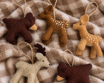 Handmade Woodland Christmas Ornaments, Felt Bear and Deer Decorations, Rustic Forest Animal Tree Ornaments, Set of 5