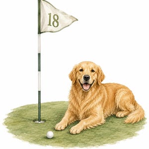 K&ouml;nnte beinhalten: Eine Aquarellillustration eines Golden Retrievers, der auf einem gr&uuml;nen Putting-Green neben einem wei&szlig;en Golfball und einer hohen Fahnenstange liegt. Die wei&szlig;e Fahne zeigt die Zahl 18 in Dunkelgr&uuml;n und der Hund hat einen fr&ouml;hlichen Gesichtsausdruck.