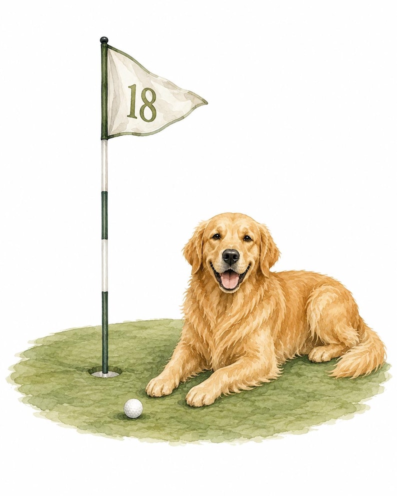 K&ouml;nnte beinhalten: Eine Aquarellillustration eines Golden Retrievers, der auf einem gr&uuml;nen Putting-Green neben einem wei&szlig;en Golfball und einer hohen Fahnenstange liegt. Die wei&szlig;e Fahne zeigt die Zahl 18 in Dunkelgr&uuml;n und der Hund hat einen fr&ouml;hlichen Gesichtsausdruck.