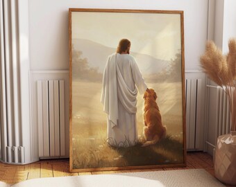Custom Pet Memorial Watercolor with Jesus – Dog or Cat in Heaven Meadow Illustration, Sympathy Gift, Rainbow Bridge Art, Wall art, Digital